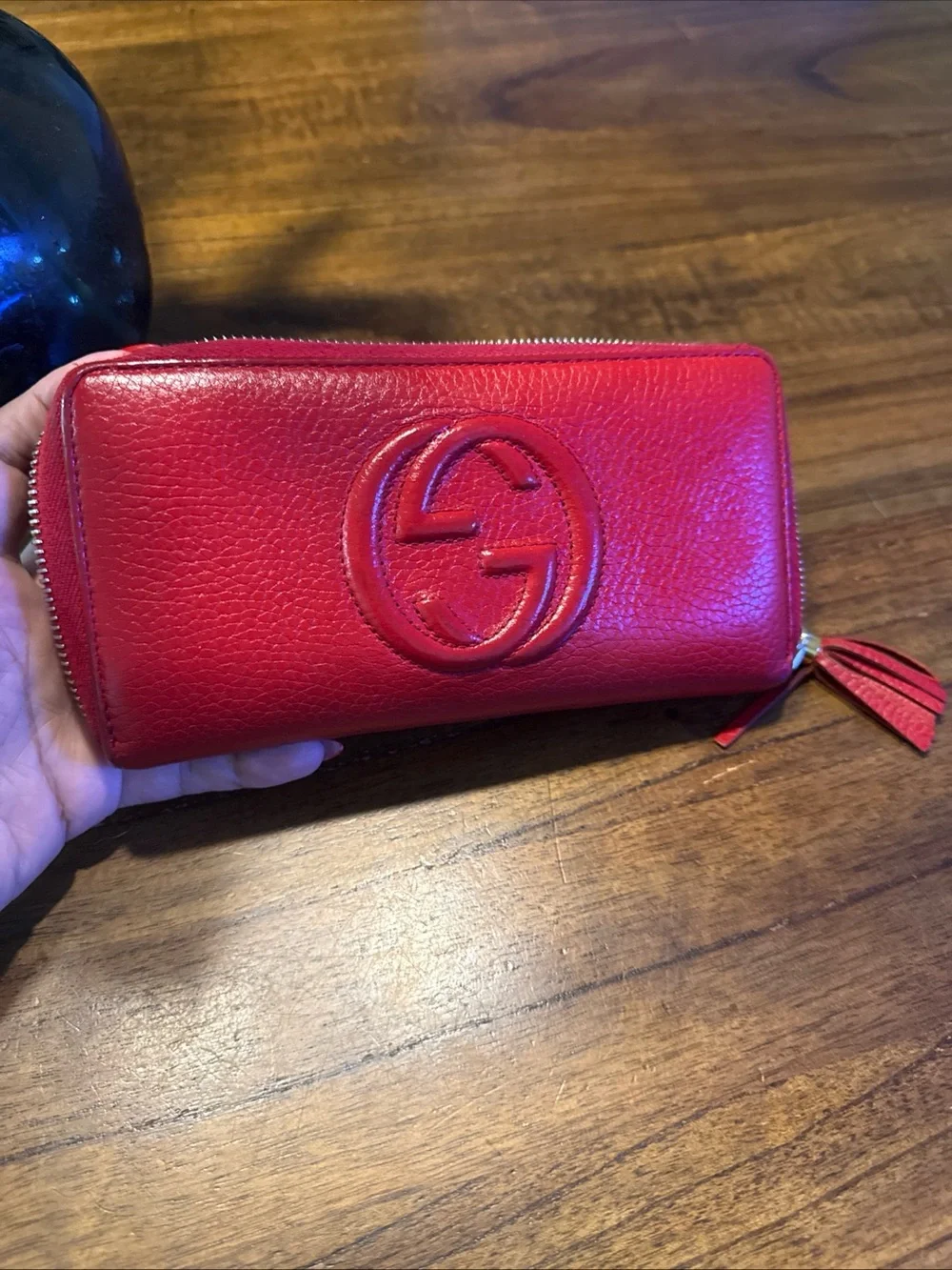 Gucci Red Pebbled Leather Tassel Zip Around Wallet